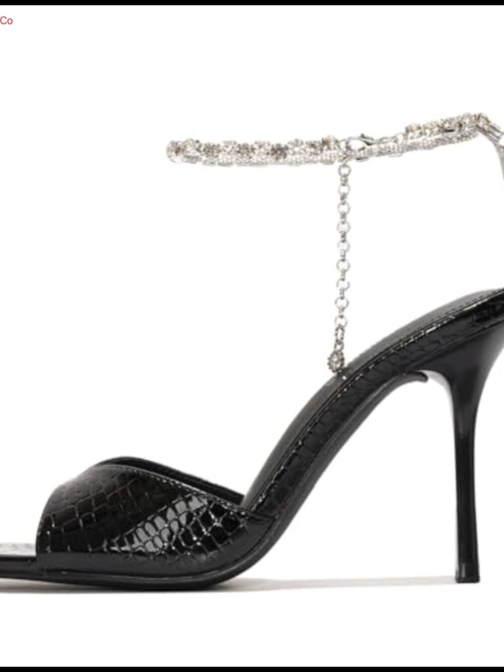 Crocodile Embossed Rhinestone Chain Ankle Strap High Heel Sandals Open Square